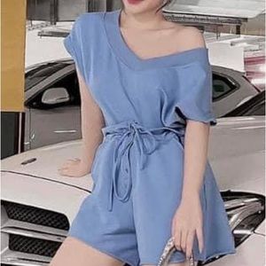 One Shoulder Puff Sleeve Belted Romper - Blue S
